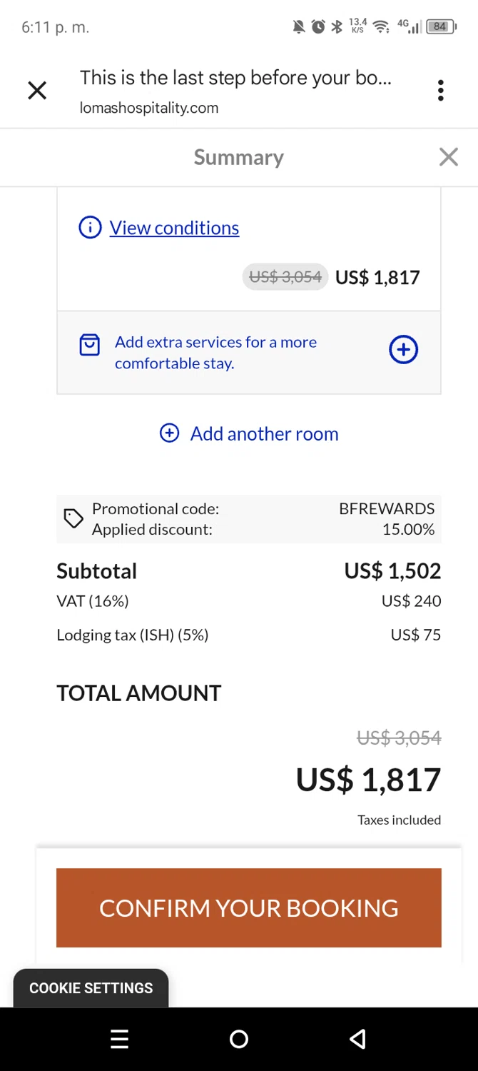 Lomas Hospitality promo code screenshot showing code BFREWARDS applied at Lomas Hospitality checkout page. Uploaded by SimplyCodes community member leiraM on Nov 18, 2025