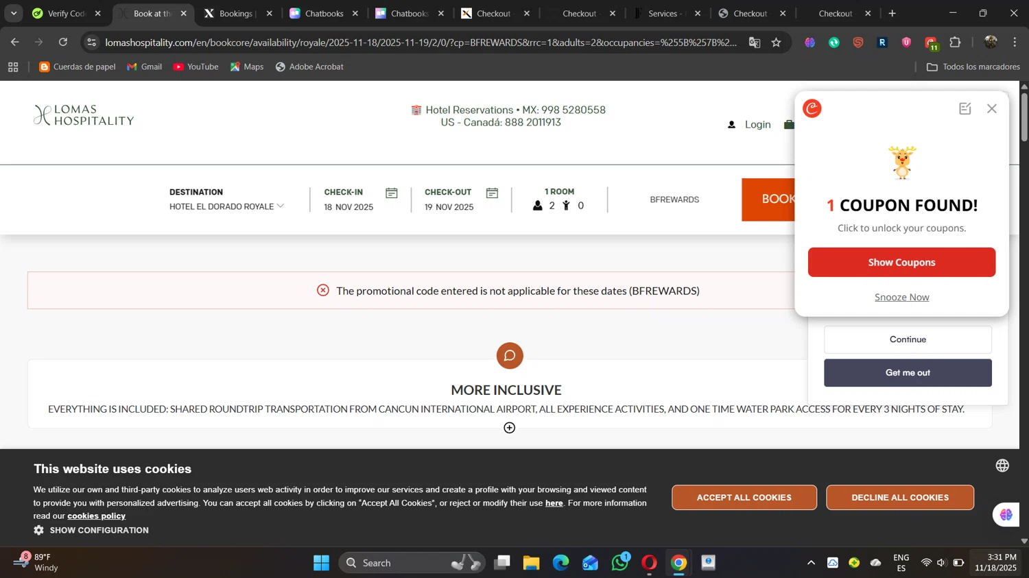 Lomas Hospitality promo code screenshot showing code BFREWARDS applied at Lomas Hospitality checkout page. Uploaded by SimplyCodes community member naimbethak on Nov 18, 2025