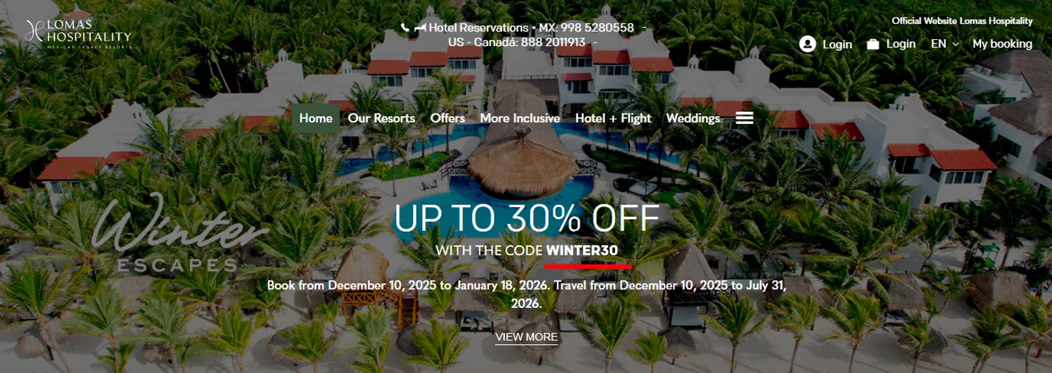 Lomas Hospitality promo code screenshot showing code winter30 applied at Lomas Hospitality checkout page. Uploaded by SimplyCodes community member Alofoke on Dec 13, 2025