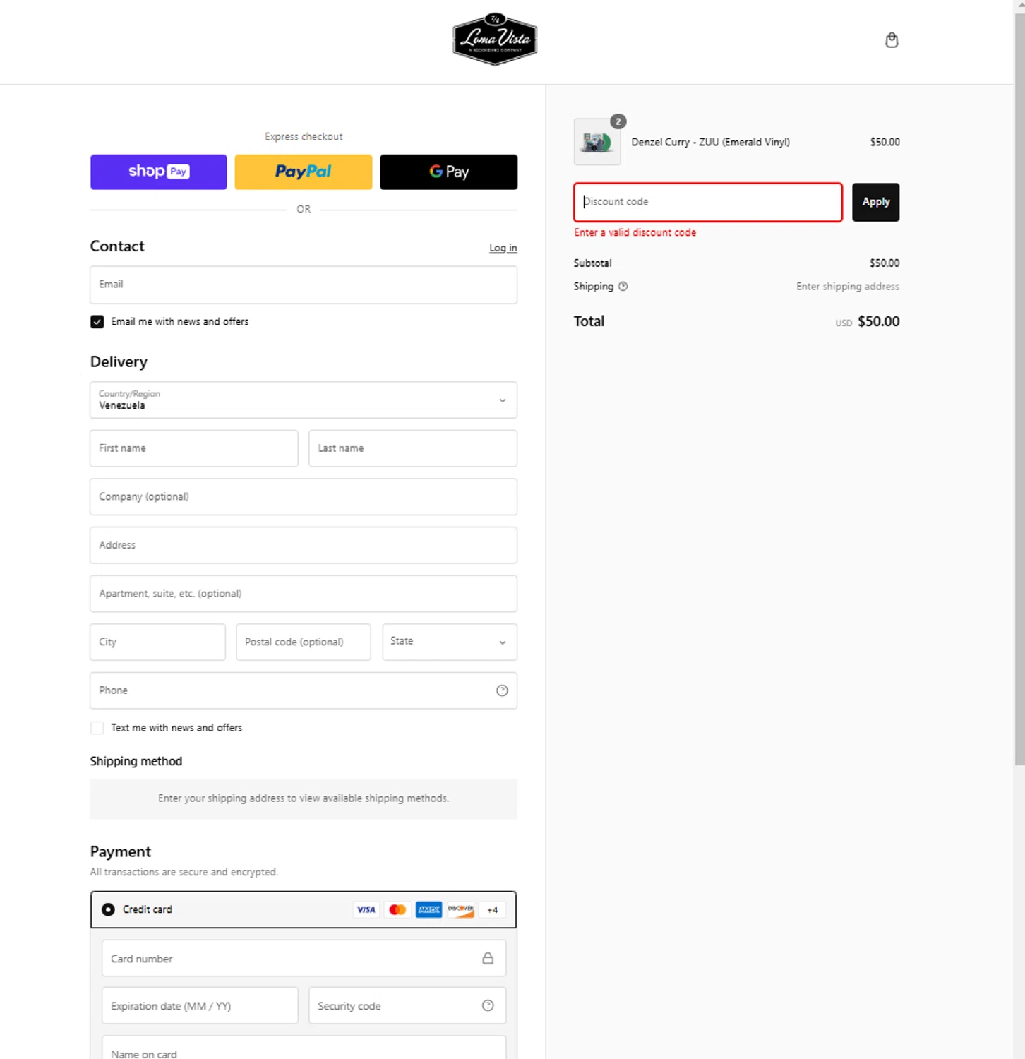 Loma Vista Recordings discount code screenshot showing code LVFLASHSALE24 applied at Loma Vista Recordings checkout page. Uploaded by SimplyCodes community member Tortugasninja on Mar 4, 2025