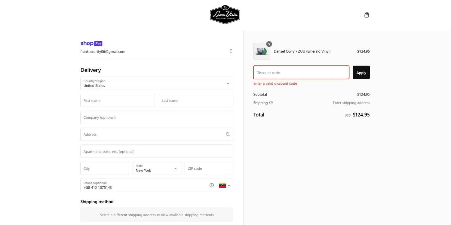 Loma Vista Recordings discount code screenshot showing code LVFLASHSALE24 applied at Loma Vista Recordings checkout page. Uploaded by SimplyCodes community member BrilliantVoyager5752 on Feb 26, 2025