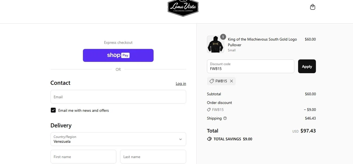 Loma Vista Recordings discount code screenshot showing code FWB15 applied at Loma Vista Recordings checkout page. Uploaded by SimplyCodes community member manu_sito20 on Jul 19, 2025