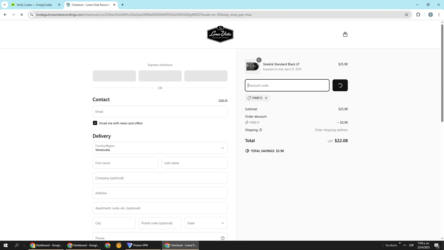 Loma Vista Recordings checkout page showing Loma Vista Recordings discount code box | Screenshot taken by SimplyCodes community member on Apr 23, 2025