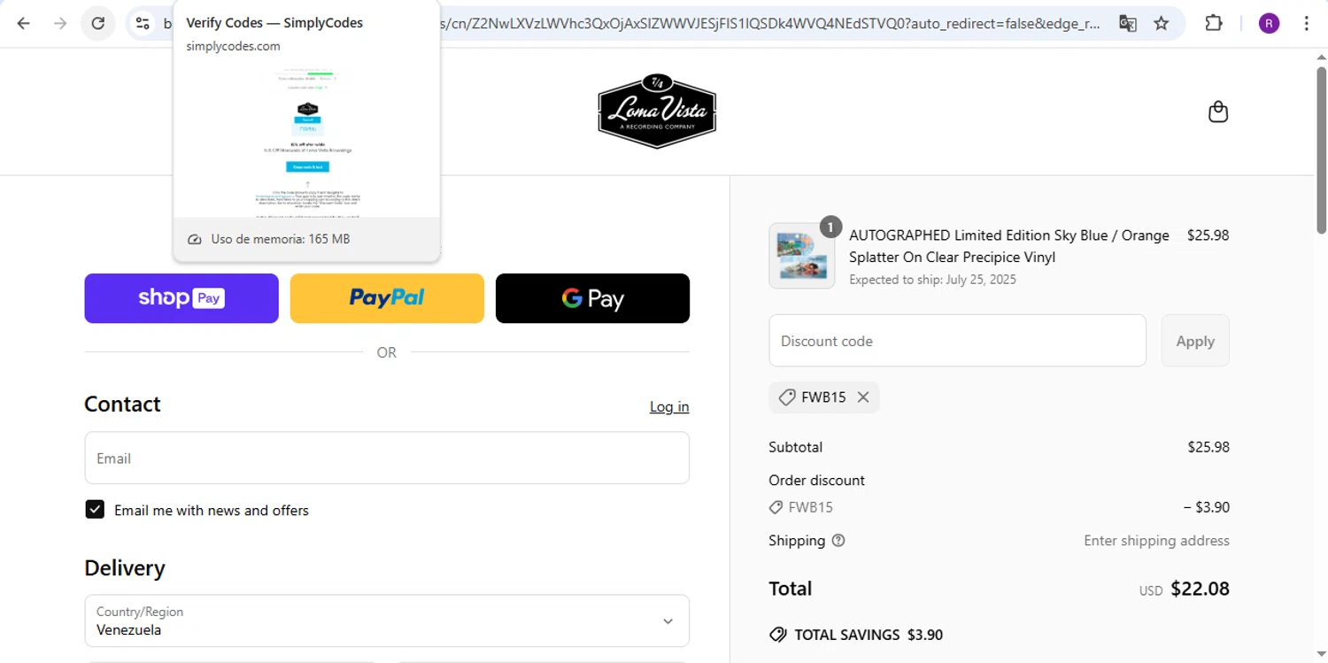 Loma Vista Recordings checkout page showing Loma Vista Recordings discount code box | Screenshot taken by SimplyCodes community member on May 22, 2025