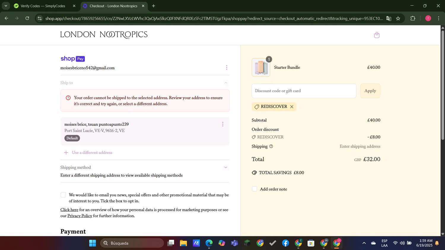 London Nootropics discount code screenshot showing code rediscover applied at London Nootropics checkout page. Uploaded by SimplyCodes community member MightyGuardian8404 on Jun 19, 2025