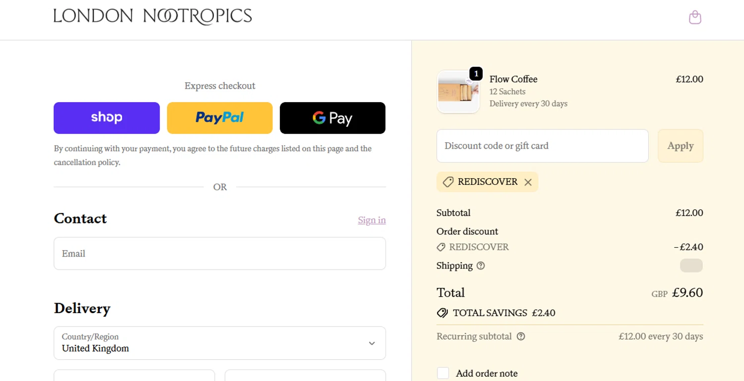 London Nootropics discount code screenshot showing code rediscover applied at London Nootropics checkout page. Uploaded by SimplyCodes community member jesspea on Oct 7, 2025