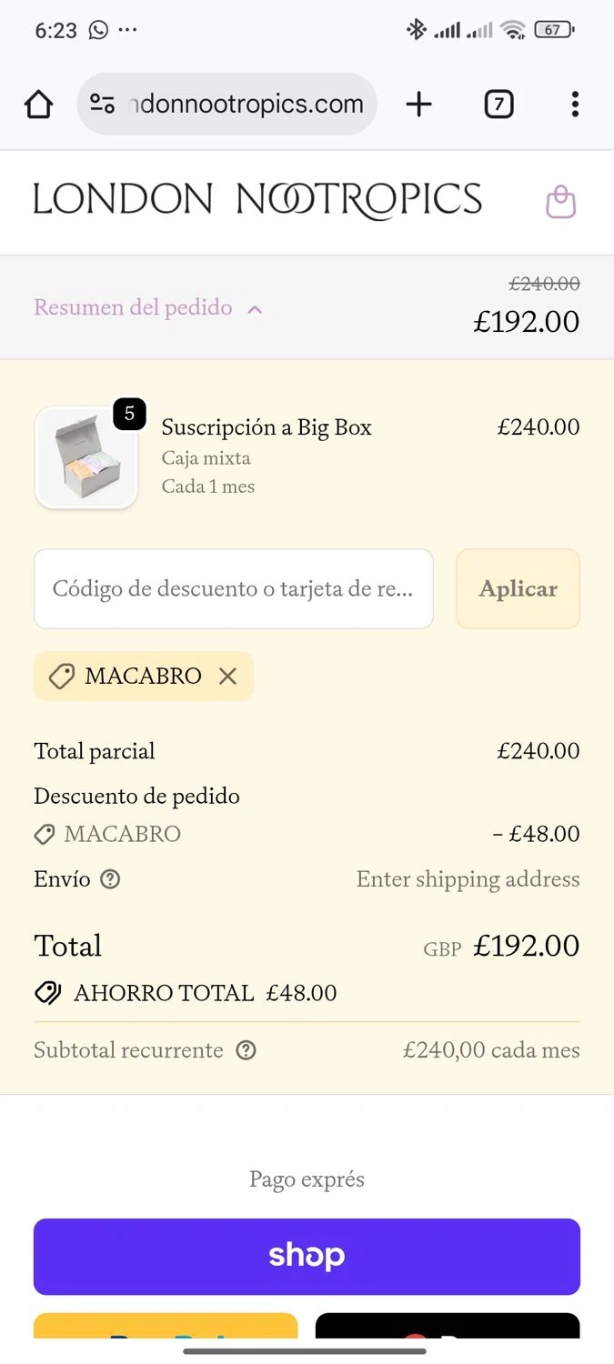 London Nootropics discount code screenshot showing code MACABRE applied at London Nootropics checkout page. Uploaded by SimplyCodes community member Elsuanfonson on Oct 3, 2025