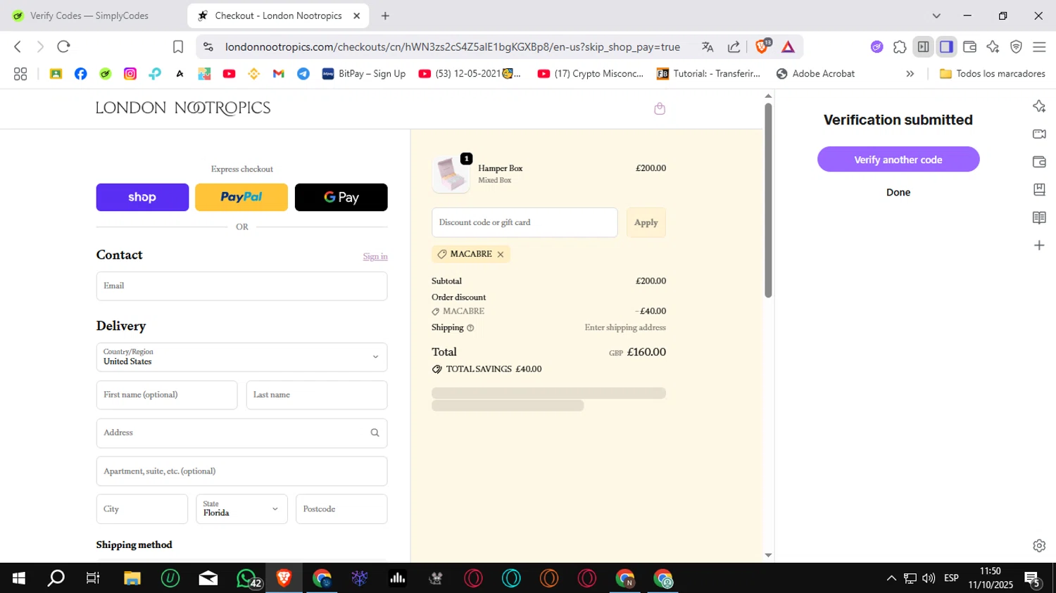 London Nootropics discount code screenshot showing code MACABRE applied at London Nootropics checkout page. Uploaded by SimplyCodes community member Sungjinwoo on Oct 11, 2025