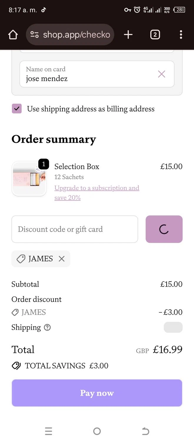 London Nootropics discount code screenshot showing code James applied at London Nootropics checkout page. Uploaded by SimplyCodes community member CashLion3448 on Nov 21, 2025