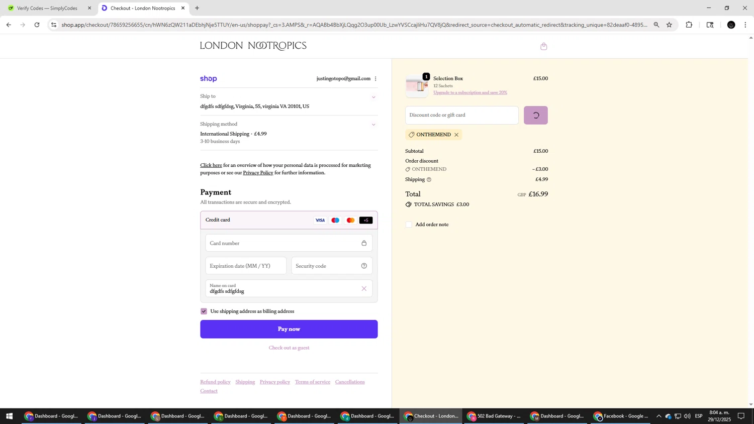 London Nootropics discount code screenshot showing code ONTHEMEND applied at London Nootropics checkout page. Uploaded by SimplyCodes community member Salometta on Dec 29, 2025