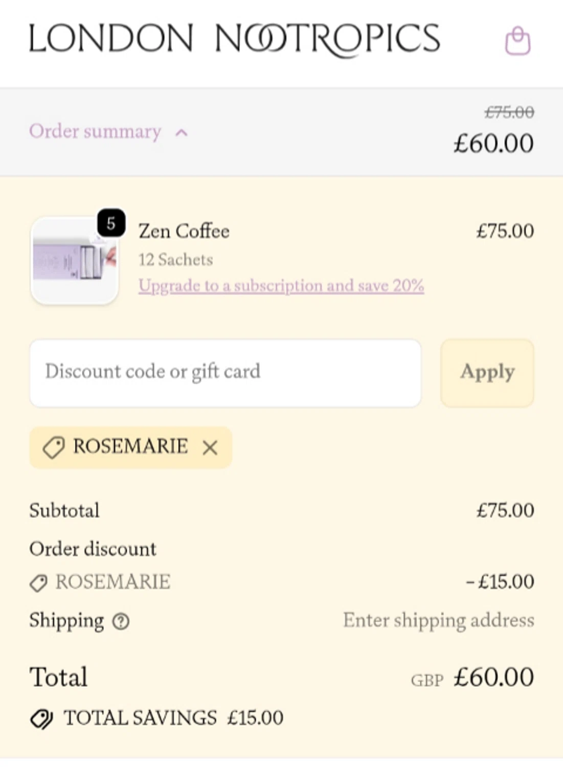 London Nootropics discount code screenshot showing code ROSEMARIE applied at London Nootropics checkout page. Uploaded by SimplyCodes community member RewardLynx9164 on Nov 5, 2025