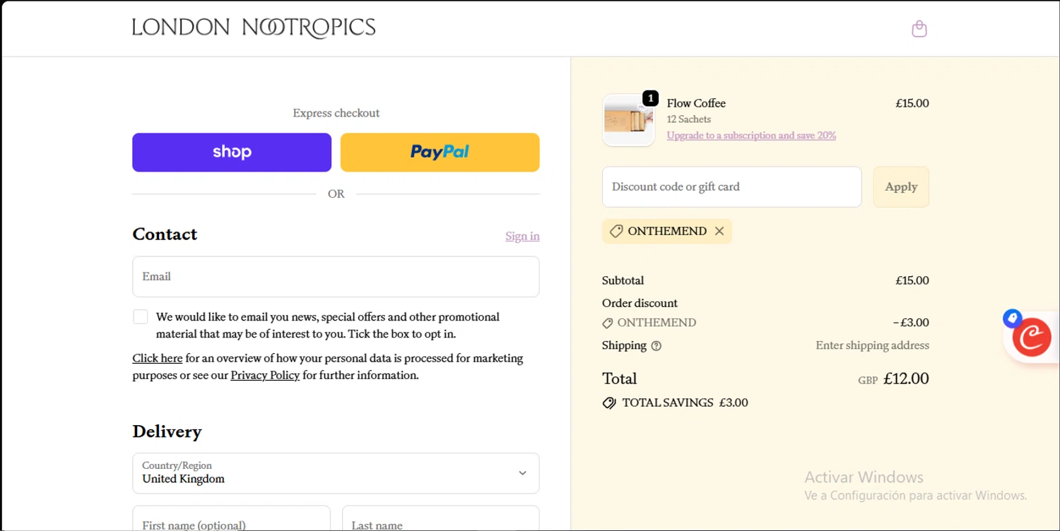 London Nootropics discount code screenshot showing code ONTHEMEND applied at London Nootropics checkout page. Uploaded by SimplyCodes community member RewardLynx9164 on Nov 5, 2025