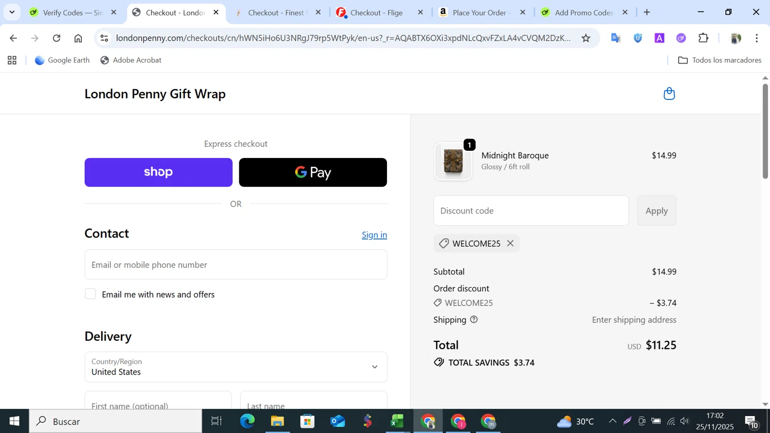 London Penny promo code screenshot showing code WELCOME25 applied at London Penny checkout page. Uploaded by SimplyCodes community member NobleMonarch5837 on Nov 25, 2025