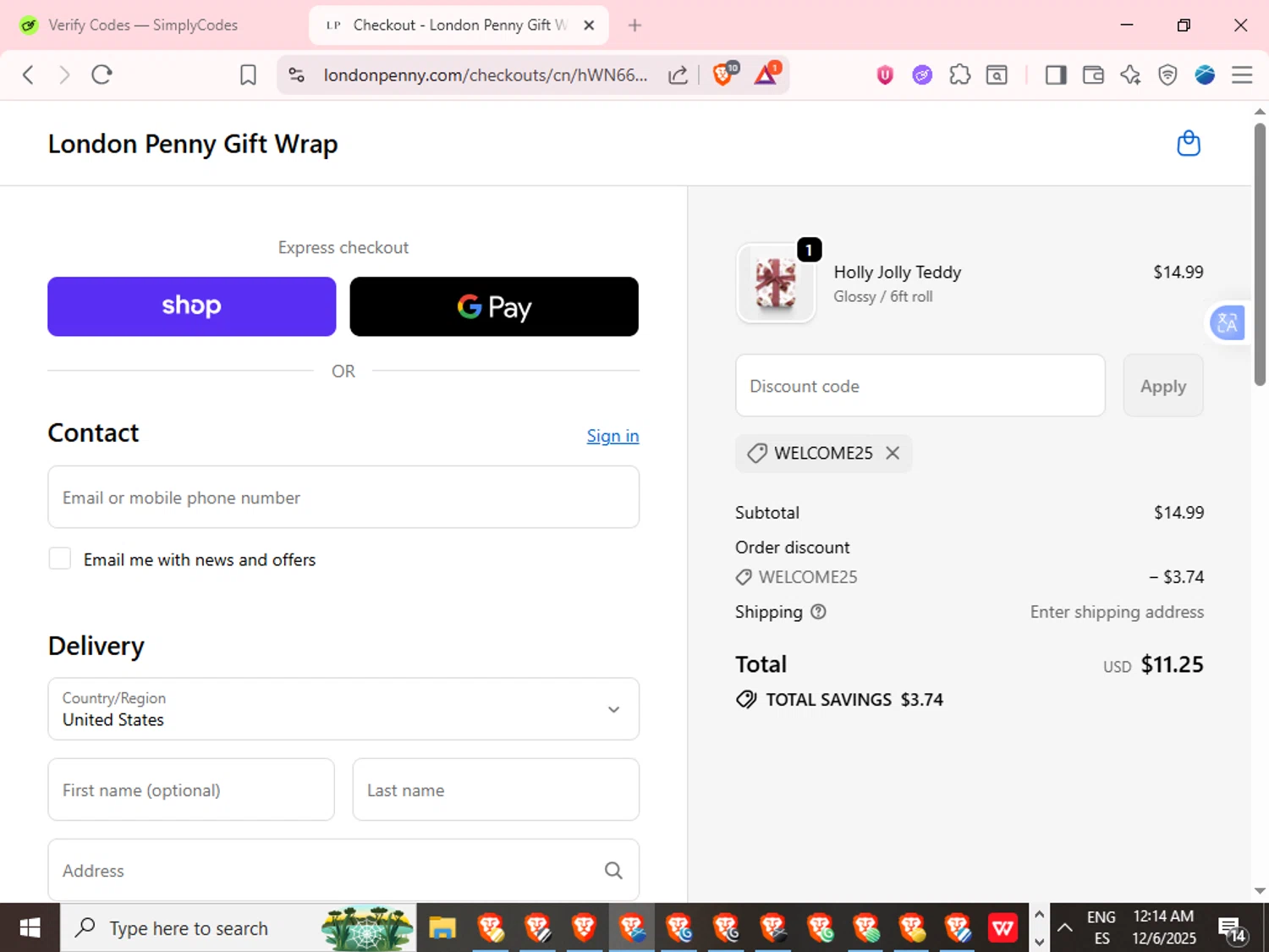 London Penny promo code screenshot showing code WELCOME25 applied at London Penny checkout page. Uploaded by SimplyCodes community member TokenPilot3367 on Dec 6, 2025
