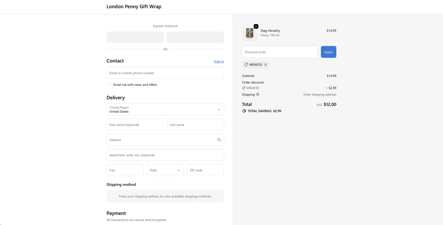 London Penny promo code screenshot showing code WRAP20 applied at London Penny checkout page. Uploaded by SimplyCodes community member JAKEELDOG on Oct 10, 2025