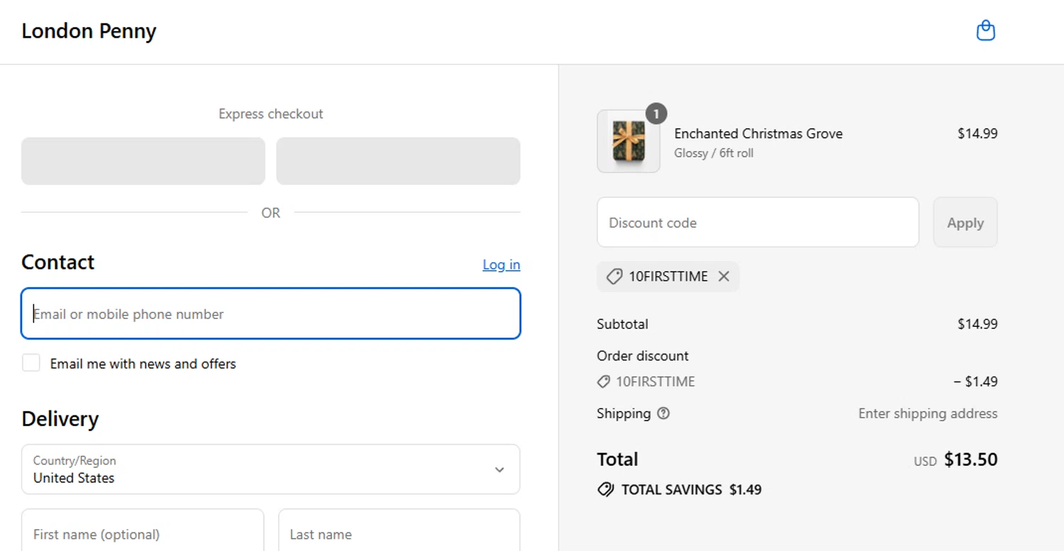 London Penny promo code screenshot showing code 10FIRSTTIME applied at London Penny checkout page. Uploaded by SimplyCodes community member aumentadax10 on Sep 5, 2025