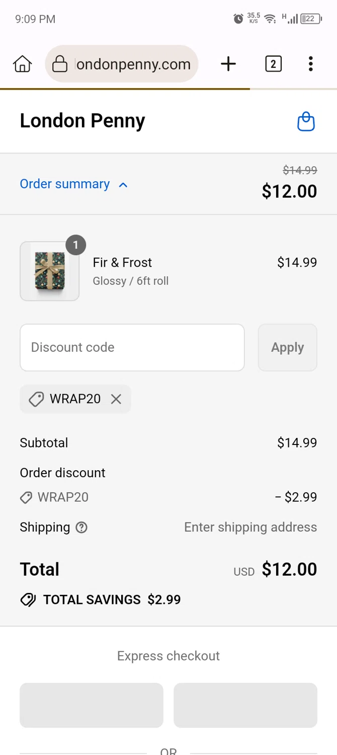London Penny promo code screenshot showing code WRAP20 applied at London Penny checkout page. Uploaded by SimplyCodes community member MRDEAL on Sep 12, 2025