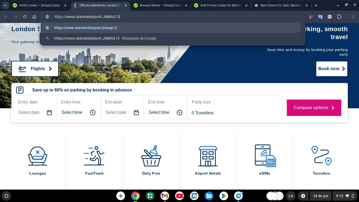 London Stansted Airport promo code screenshot showing code JNMAG12 applied at London Stansted Airport checkout page. Uploaded by SimplyCodes community member robertogonzalez on Jun 16, 2025