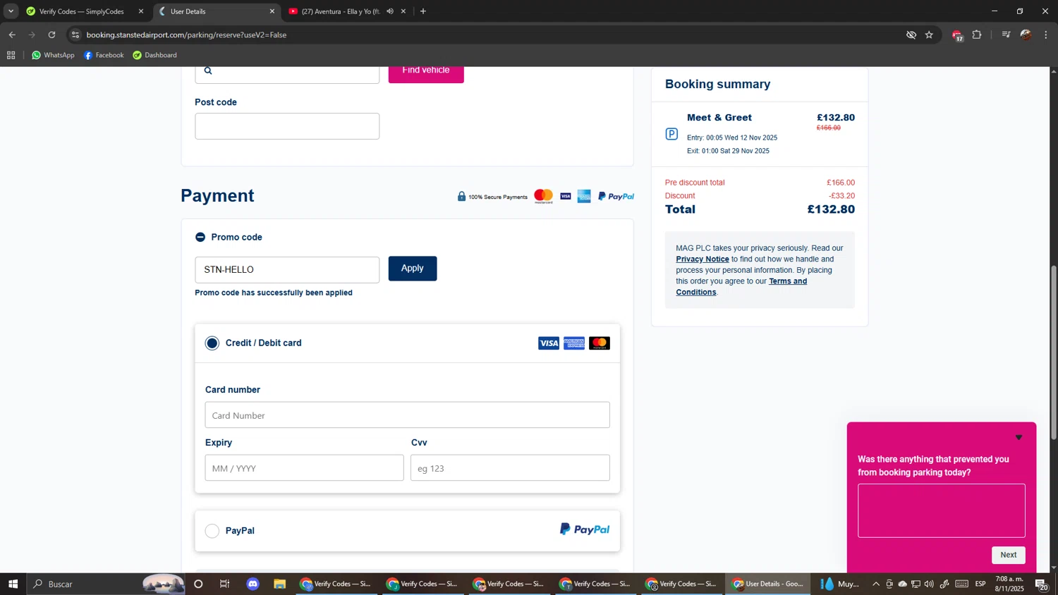 London Stansted Airport promo code screenshot showing code STN-HELLO applied at London Stansted Airport checkout page. Uploaded by SimplyCodes community member ScanShopper554 on Nov 8, 2025