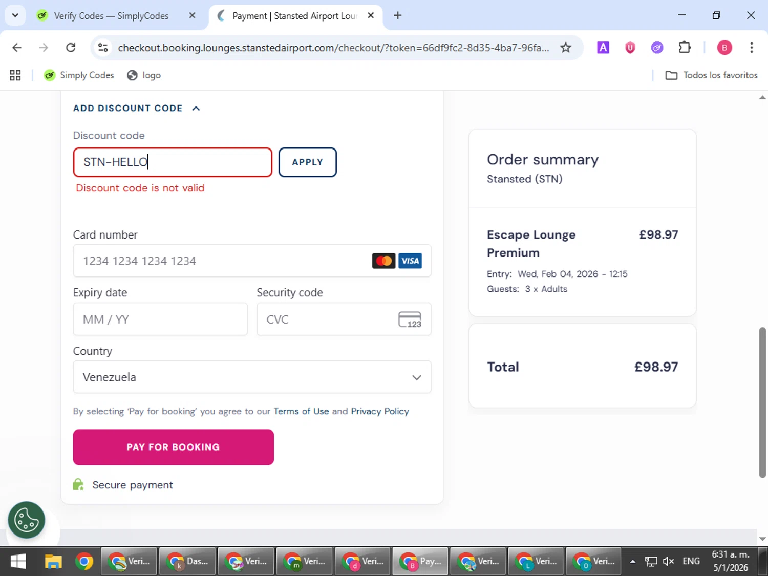 London Stansted Airport promo code screenshot showing code STN-HELLO applied at London Stansted Airport checkout page. Uploaded by SimplyCodes community member bombontropical on Jan 5, 2026
