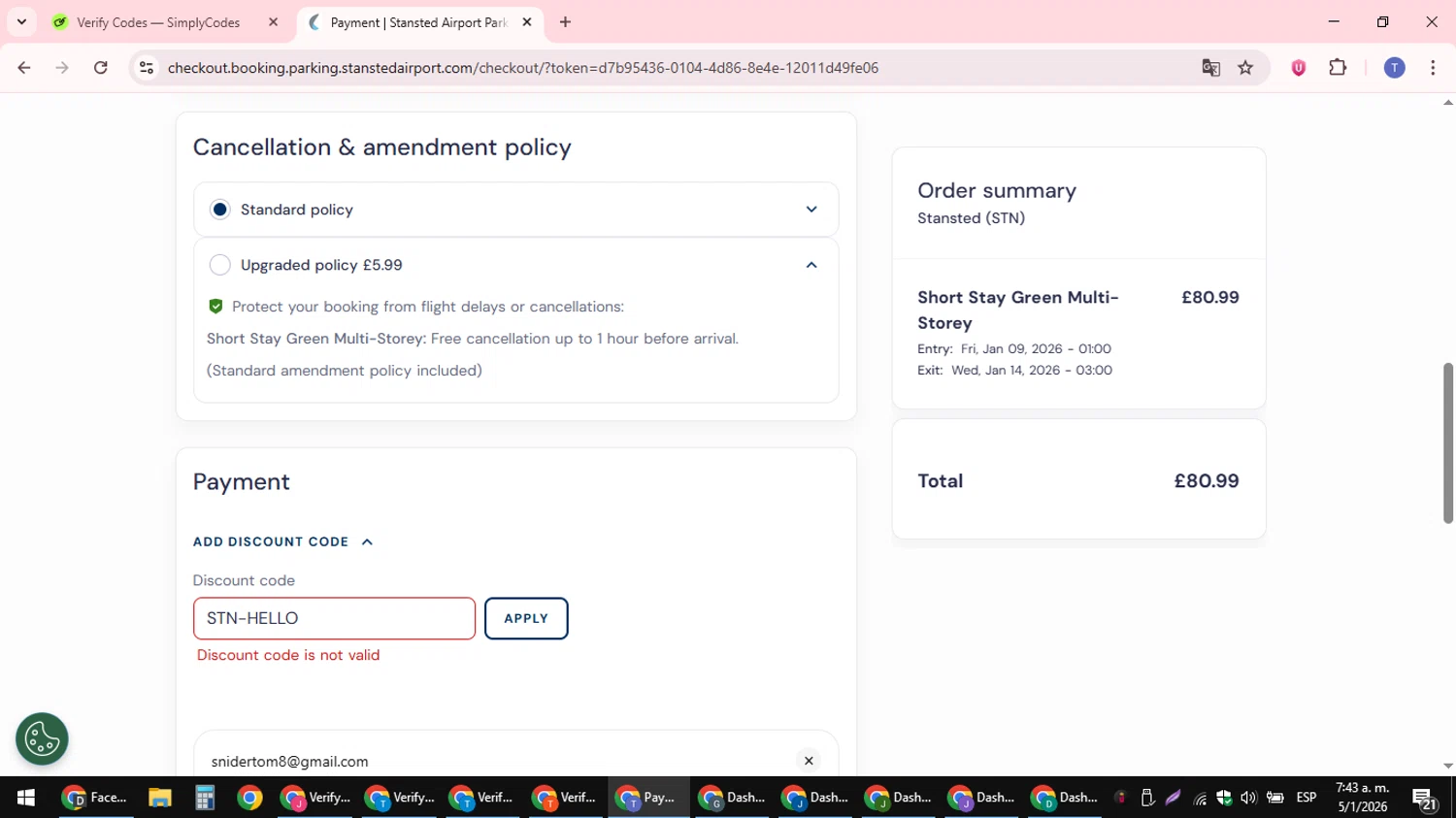 London Stansted Airport promo code screenshot showing code STN-HELLO applied at London Stansted Airport checkout page. Uploaded by SimplyCodes community member snidertom8 on Jan 5, 2026