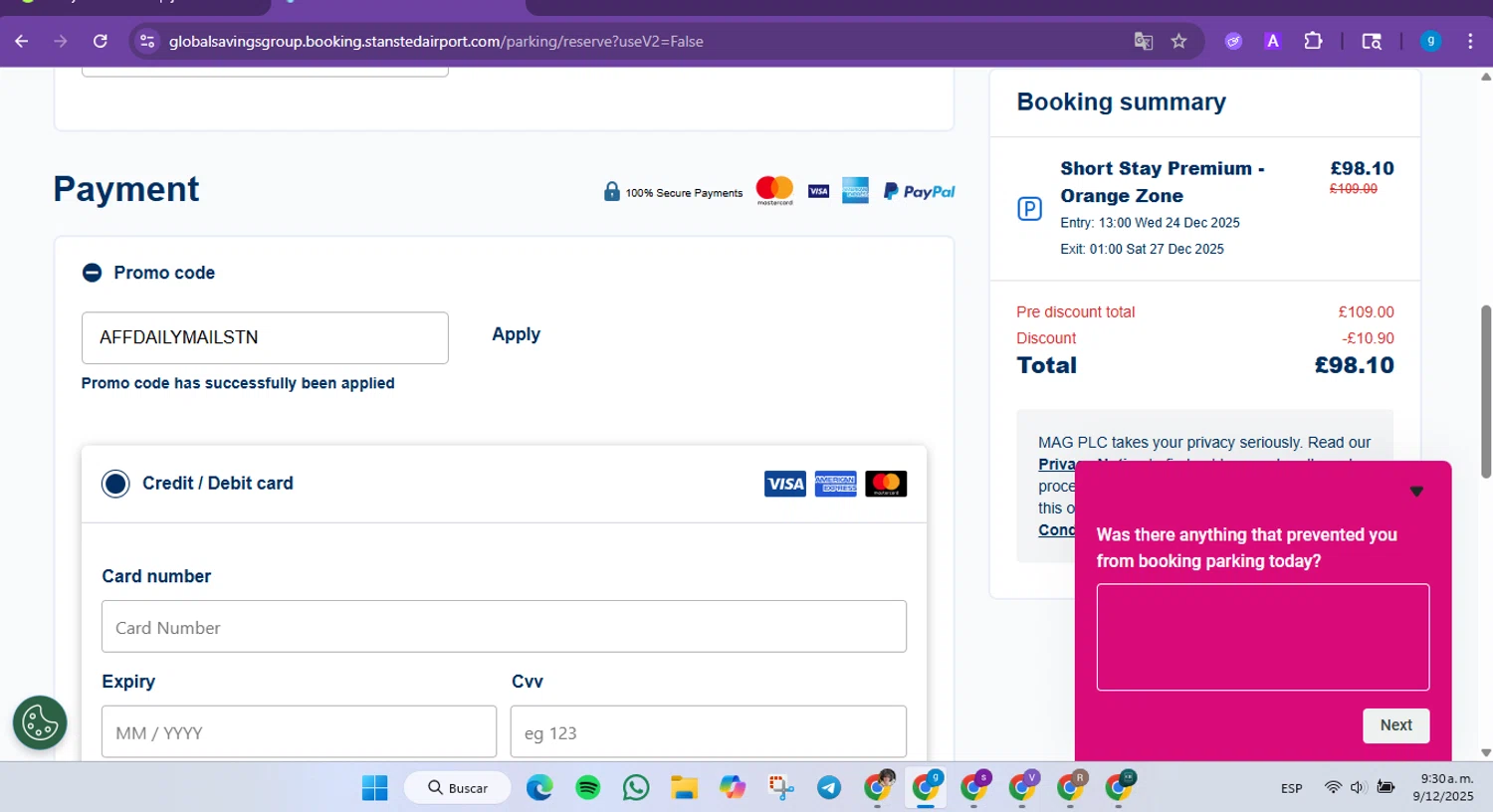 London Stansted Airport promo code screenshot showing code AFFDAILYMAILSTN applied at London Stansted Airport checkout page. Uploaded by SimplyCodes community member FrugalVirtuoso6318 on Dec 9, 2025
