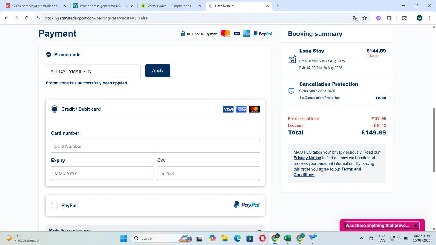 London Stansted Airport promo code screenshot showing code AFFDAILYMAILSTN applied at London Stansted Airport checkout page. Uploaded by SimplyCodes community member Tortu_1 on Aug 15, 2025