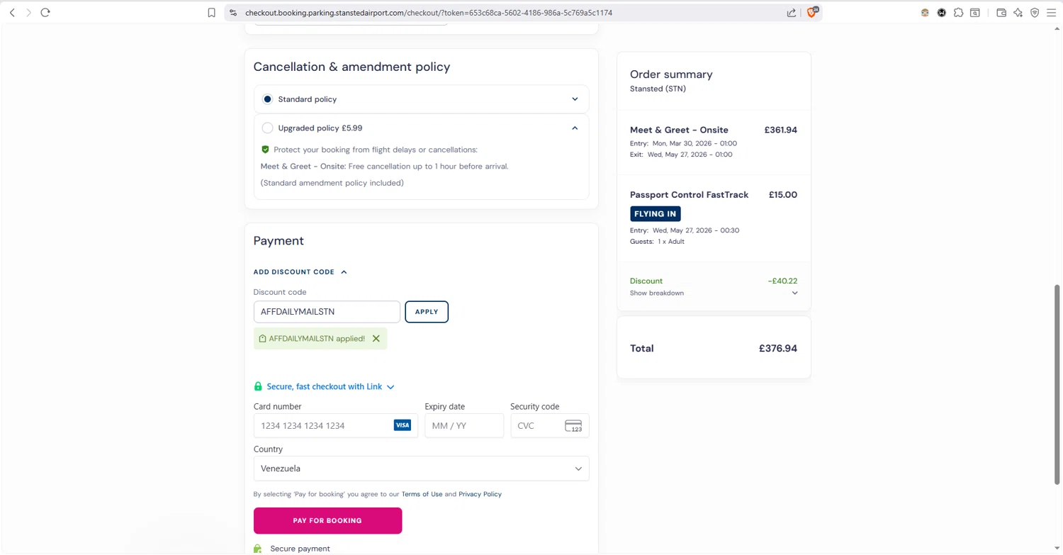 London Stansted Airport checkout page showing London Stansted Airport promo code box | Screenshot taken by SimplyCodes community member on Feb 1, 2026