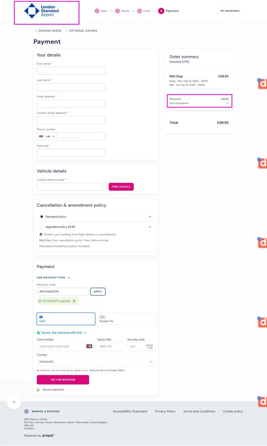 London Stansted Airport promo code screenshot showing code AFFHUKDSTN applied at London Stansted Airport checkout page. Uploaded by SimplyCodes community member mrdarcy on Jan 30, 2026