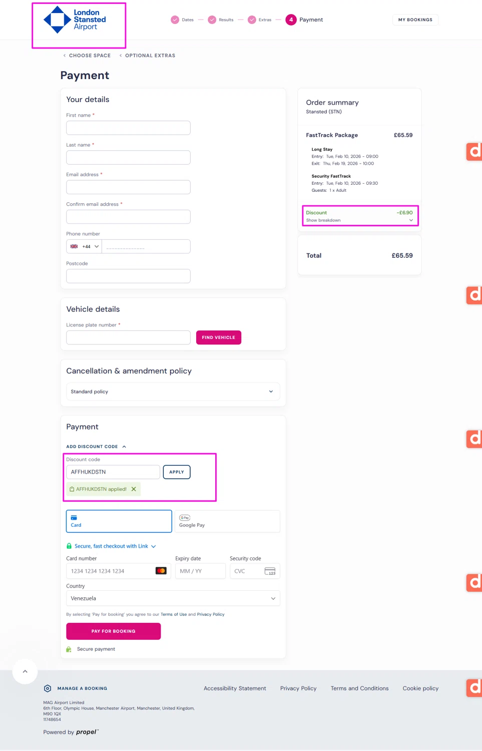 London Stansted Airport promo code screenshot showing code AFFHUKDSTN applied at London Stansted Airport checkout page. Uploaded by SimplyCodes community member mrdarcy on Jan 29, 2026
