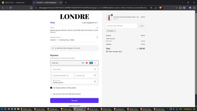 Londre Bodywear checkout page showing Londre Bodywear promo code box | Screenshot taken by SimplyCodes community member on Sep 11, 2025