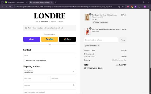 Londre Bodywear checkout page showing Londre Bodywear promo code box | Screenshot taken by SimplyCodes community member on Sep 11, 2025