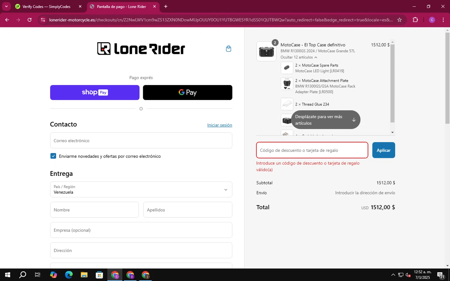 LONE RIDER discount code screenshot showing code RIDINGTIME applied at LONE RIDER checkout page. Uploaded by SimplyCodes community member MoneyTiger3506 on Mar 7, 2025