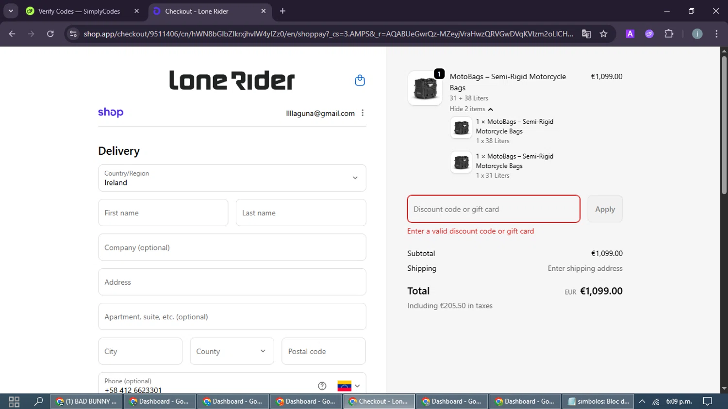 LONE RIDER discount code screenshot showing code FREESHIP applied at LONE RIDER checkout page. Uploaded by SimplyCodes community member MoneyFox4293 on Feb 9, 2026