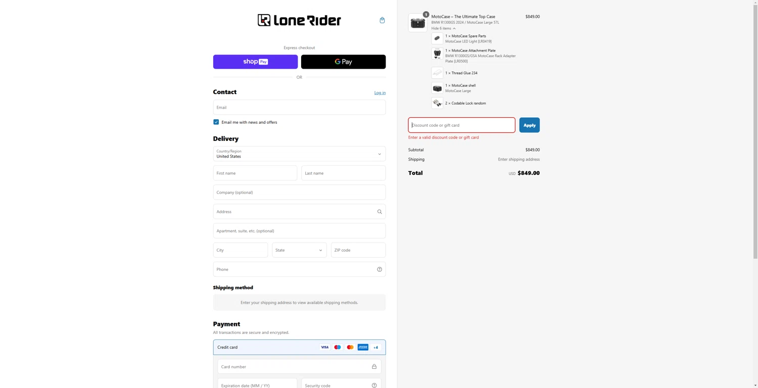 LONE RIDER discount code screenshot showing code FREESHIP applied at LONE RIDER checkout page. Uploaded by SimplyCodes community member Tenmyoldy on Mar 11, 2025