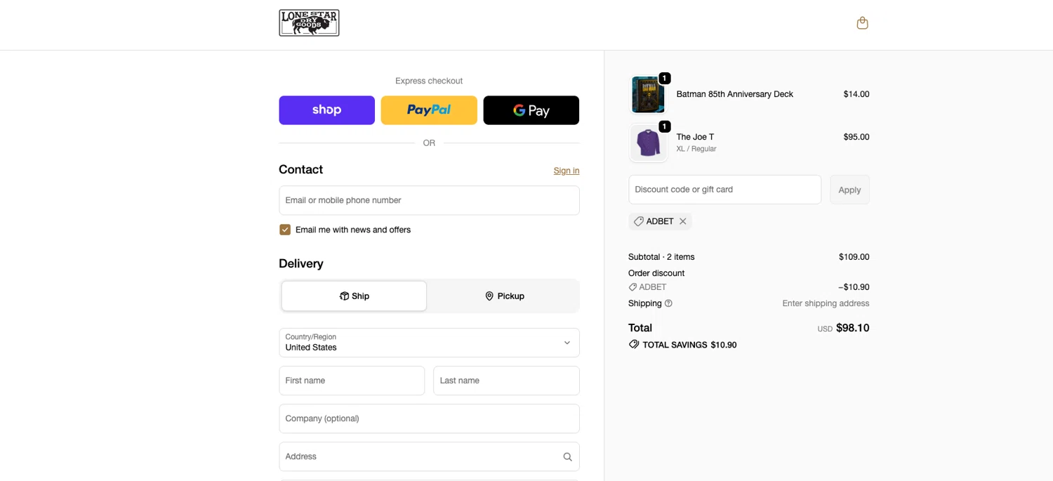 Lone Star Dry Goods promo code screenshot showing code ADBET applied at Lone Star Dry Goods checkout page. Uploaded by SimplyCodes community member ELOIN777 on Jun 21, 2026