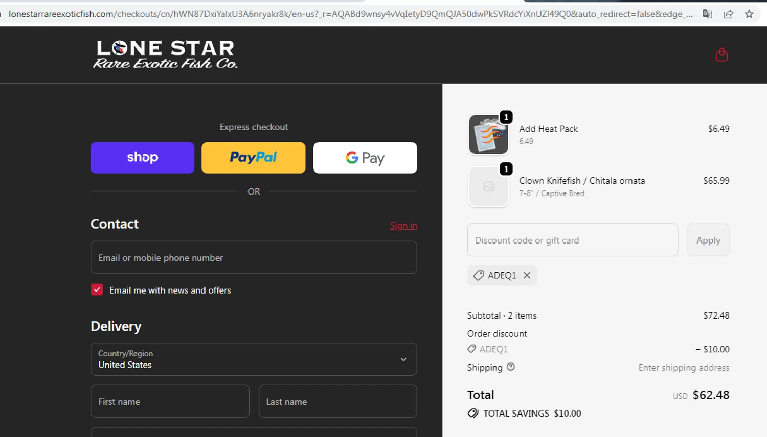 Lone Star Rare Exotic Fish Co. promo code screenshot showing code ADEQ1 applied at Lone Star Rare Exotic Fish Co. checkout page. Uploaded by SimplyCodes community member EMILIANOMASABE on Jan 28, 2026