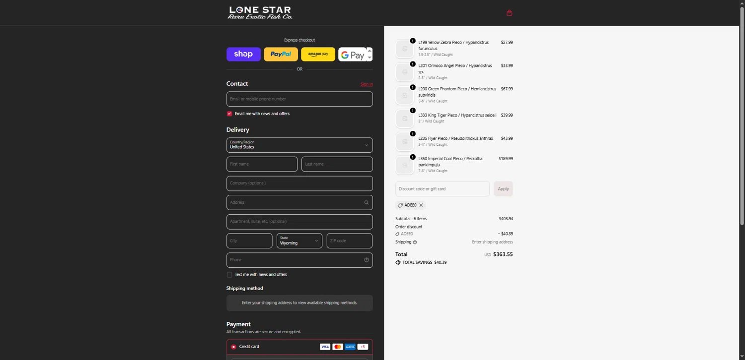 Lone Star Rare Exotic Fish Co. promo code screenshot showing code ADEE0 applied at Lone Star Rare Exotic Fish Co. checkout page. Uploaded by SimplyCodes community member SilverLynx3397 on Feb 19, 2026