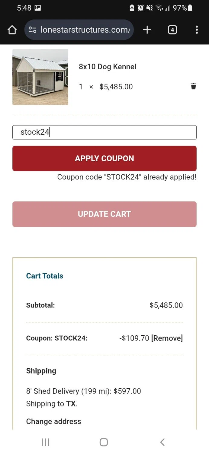 Lone Star Structures promo code screenshot showing code stock24 applied at Lone Star Structures checkout page. Uploaded by SimplyCodes community member CodeMaven3552 on Jun 12, 2025
