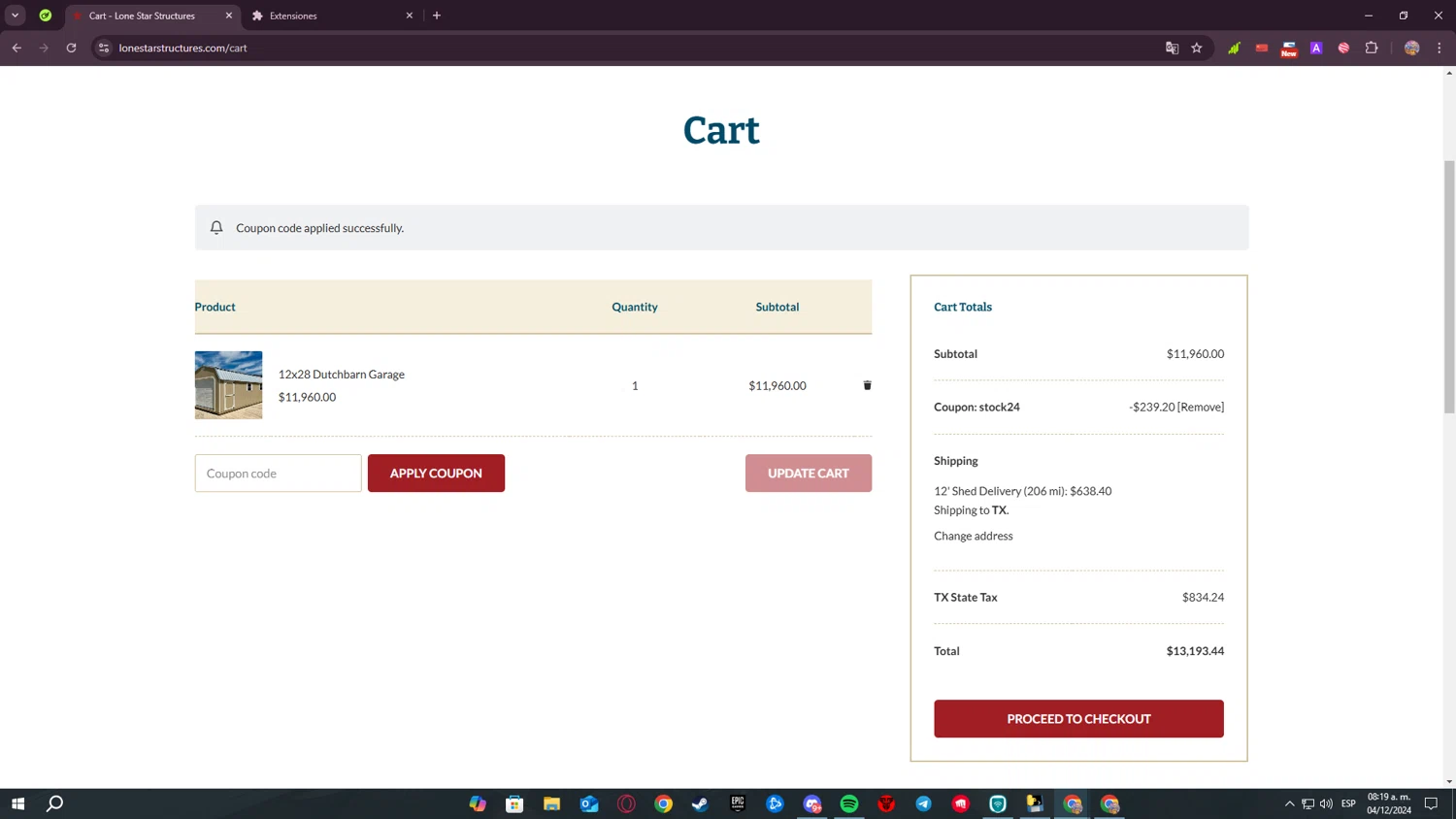 Lone Star Structures checkout page showing Lone Star Structures promo code box | Screenshot taken by SimplyCodes community member on Dec 4, 2024