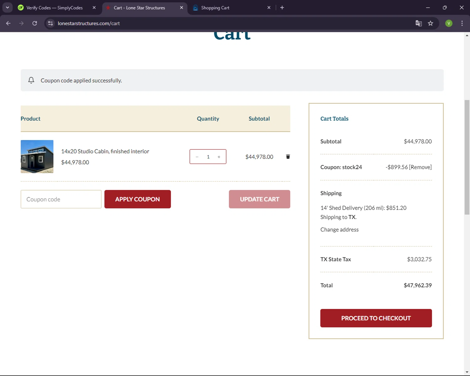 Lone Star Structures checkout page showing Lone Star Structures promo code box | Screenshot taken by SimplyCodes community member on Oct 7, 2024