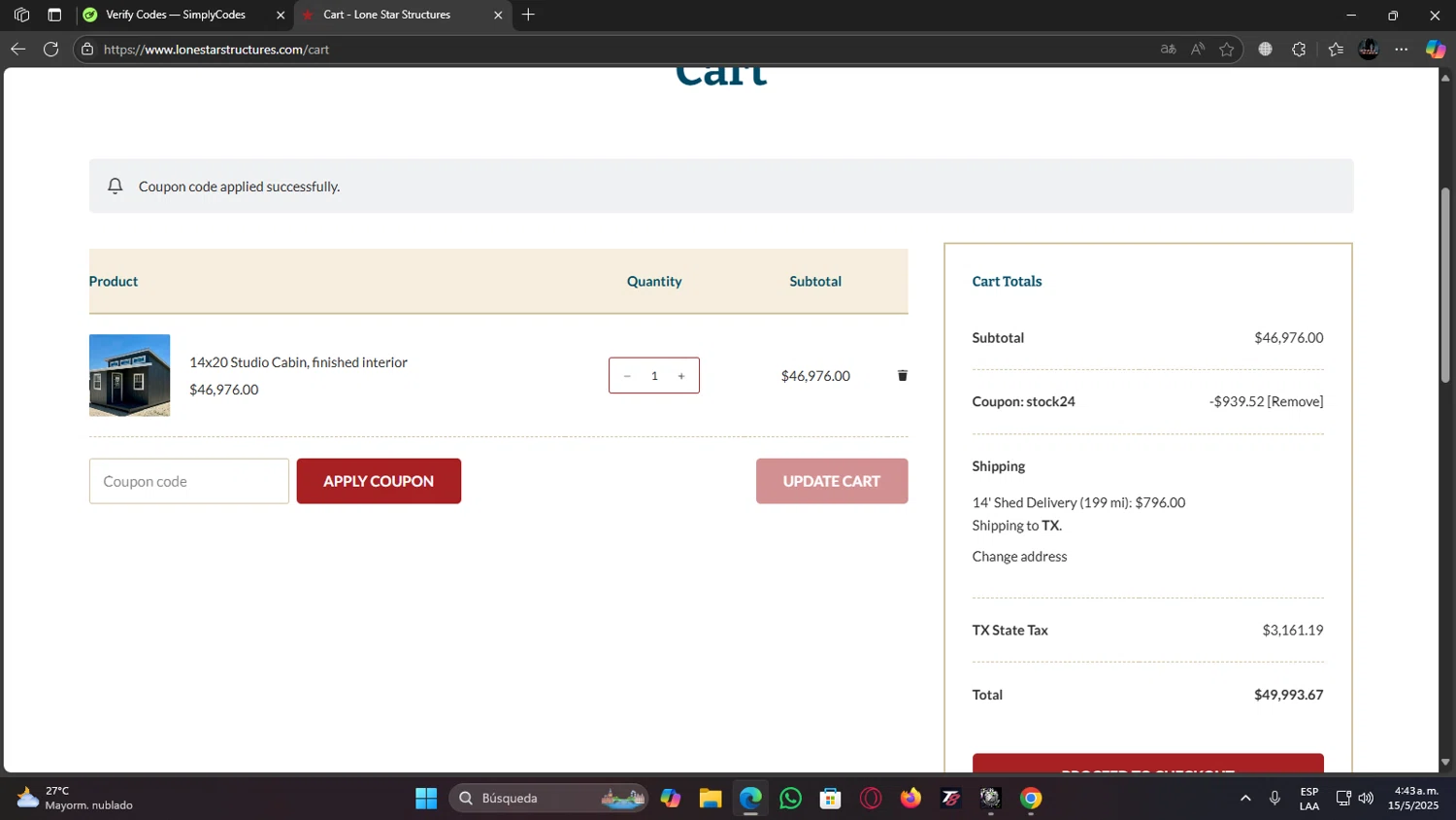 Lone Star Structures checkout page showing Lone Star Structures promo code box | Screenshot taken by SimplyCodes community member on May 15, 2025