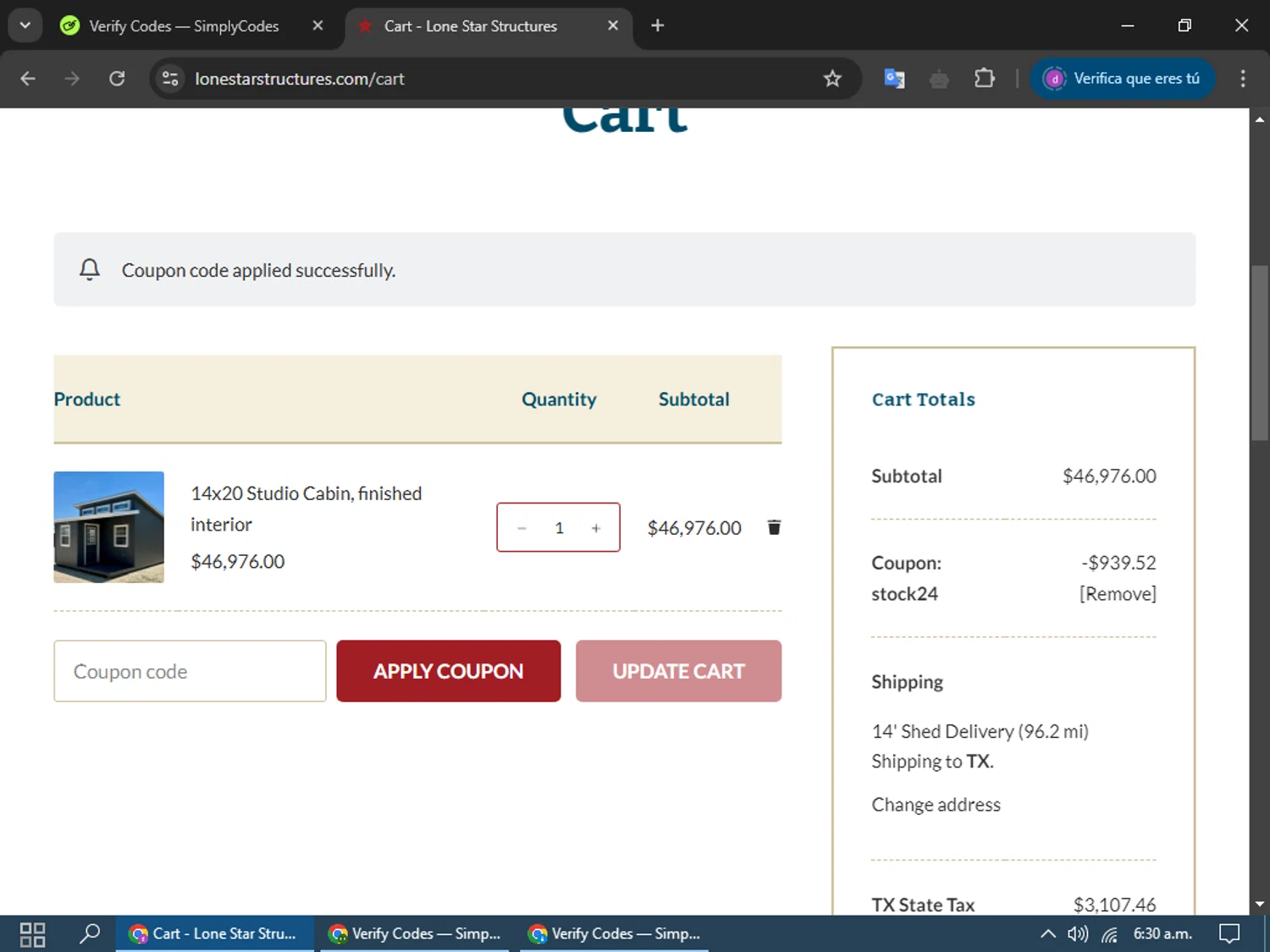 Lone Star Structures checkout page showing Lone Star Structures promo code box | Screenshot taken by SimplyCodes community member on Mar 1, 2025