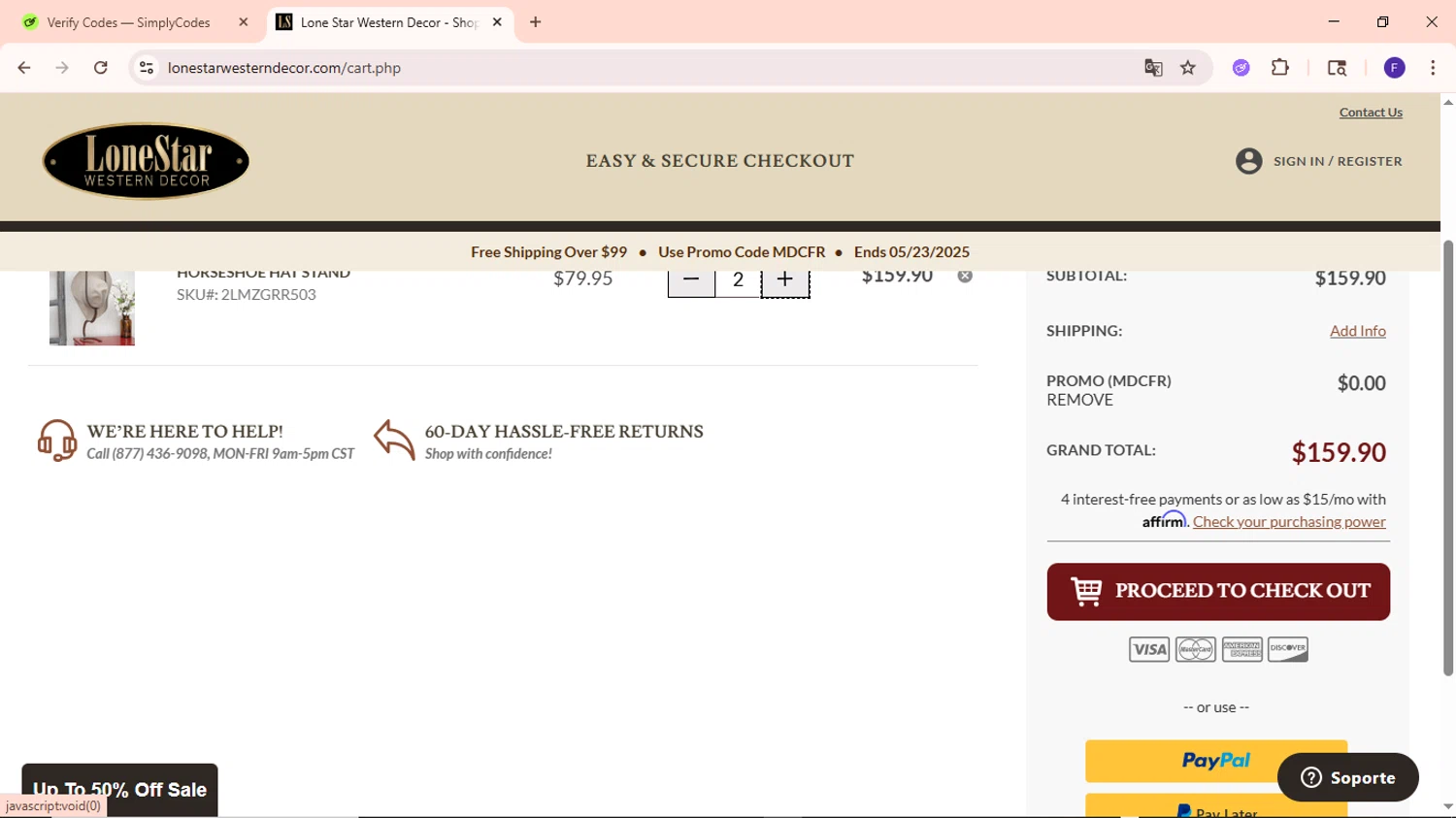 Lone Star Western Decor promo code screenshot showing code MDCFR applied at Lone Star Western Decor checkout page. Uploaded by SimplyCodes community member MightyCaptain635 on May 23, 2025