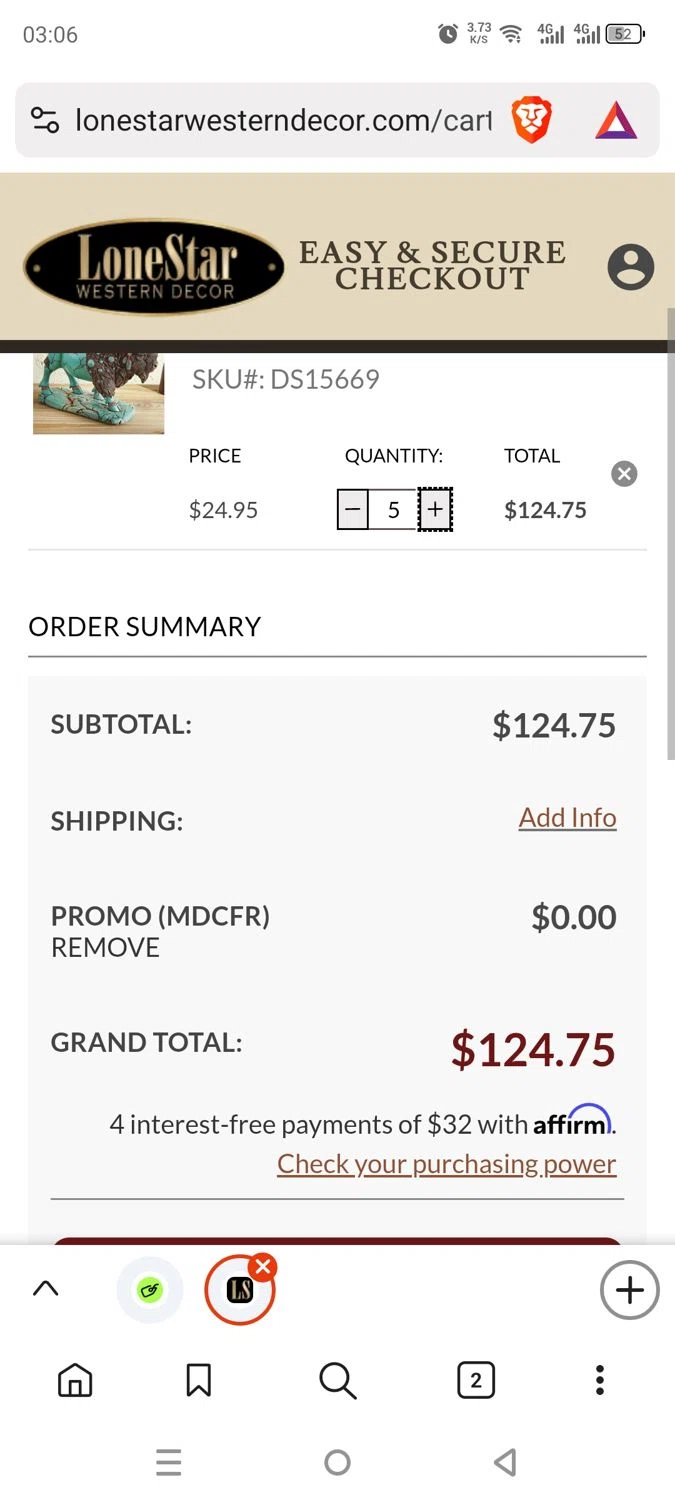 Lone Star Western Decor promo code screenshot showing code MDCFR applied at Lone Star Western Decor checkout page. Uploaded by SimplyCodes community member dayselis15 on Jun 13, 2025