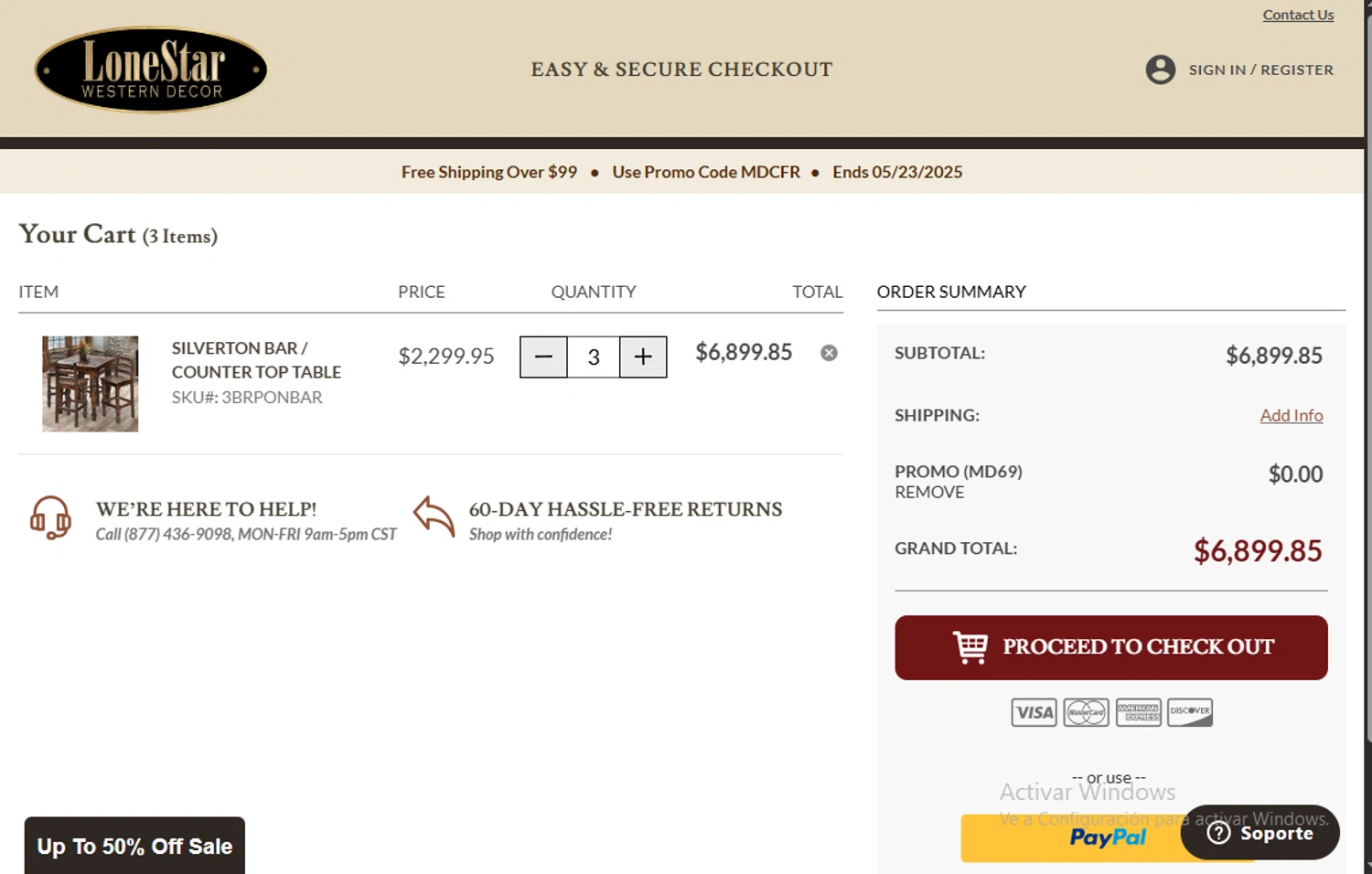 Lone Star Western Decor promo code screenshot showing code MD69 applied at Lone Star Western Decor checkout page. Uploaded by SimplyCodes community member Gary_23 on May 23, 2025