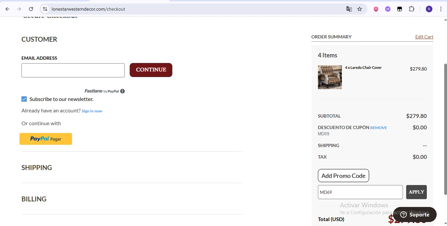 Lone Star Western Decor promo code screenshot showing code MD69 applied at Lone Star Western Decor checkout page. Uploaded by SimplyCodes community member zurdinha on Jun 13, 2025