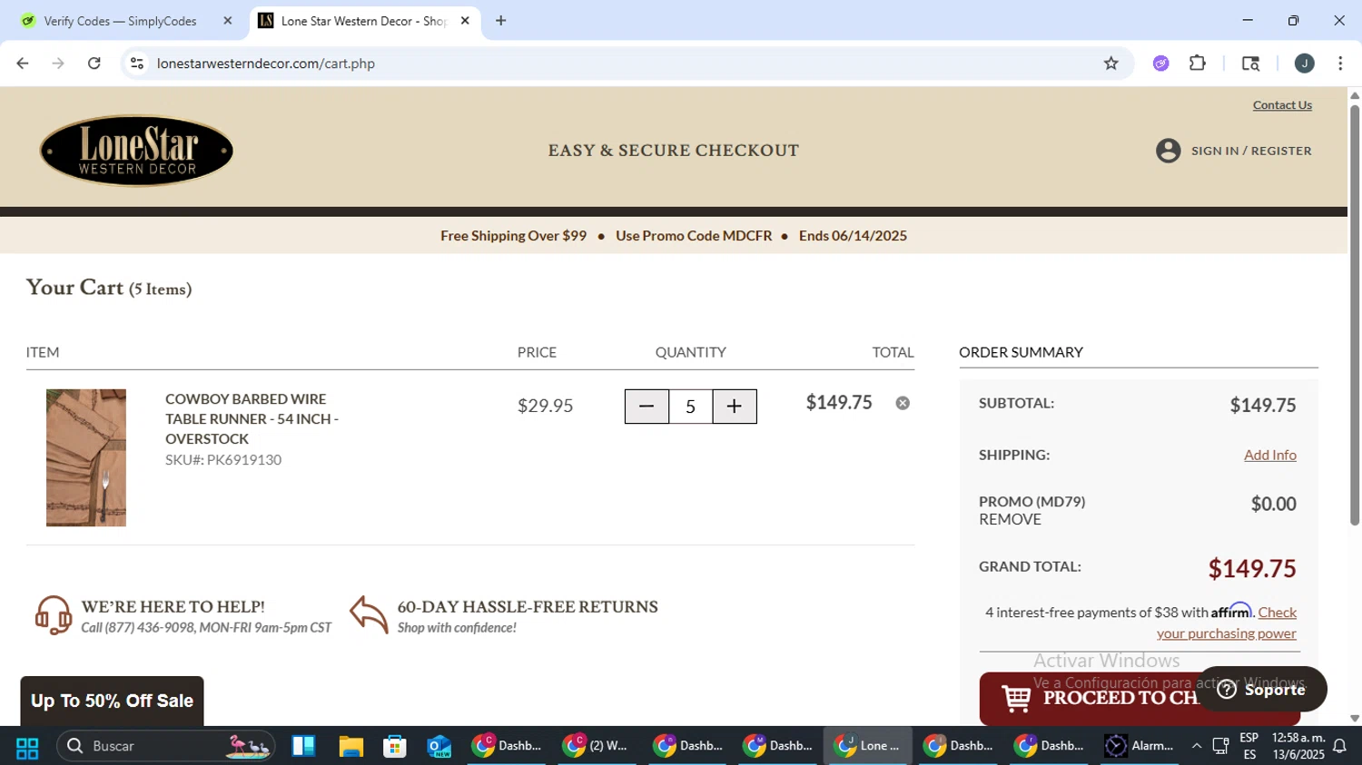 Lone Star Western Decor promo code screenshot showing code MD79 applied at Lone Star Western Decor checkout page. Uploaded by SimplyCodes community member AVATIGRITO on Jun 13, 2025