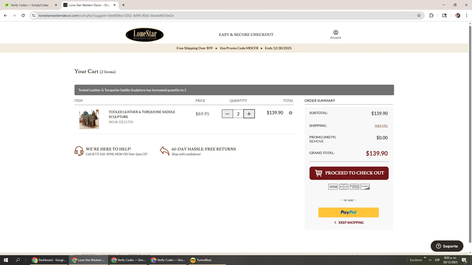 Lone Star Western Decor promo code screenshot showing code MD79 applied at Lone Star Western Decor checkout page. Uploaded by SimplyCodes community member Levi_Ackerman on Dec 30, 2025