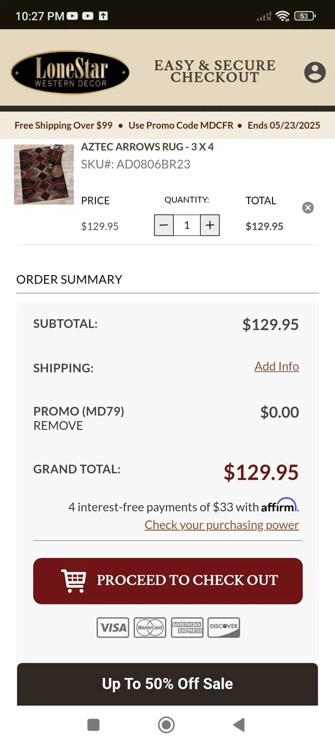 Lone Star Western Decor promo code screenshot showing code MD79 applied at Lone Star Western Decor checkout page. Uploaded by SimplyCodes community member NobleLion5615 on May 23, 2025